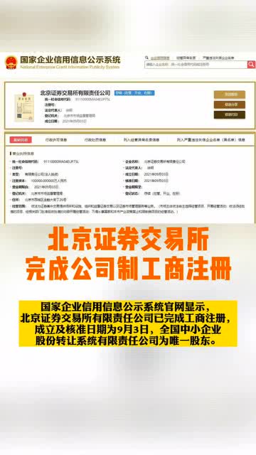 北京,北京證券交易所完成公司制工商注冊,為徐明,注冊資本10億元人民幣